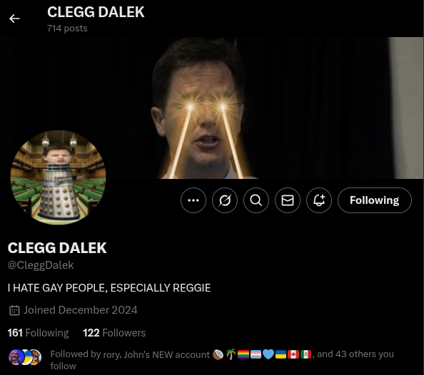 reggiejdovener's tweet photo. .@CleggDalek is a homophobe. #VoteReggie https://t.co/JSwDJ3UdaT