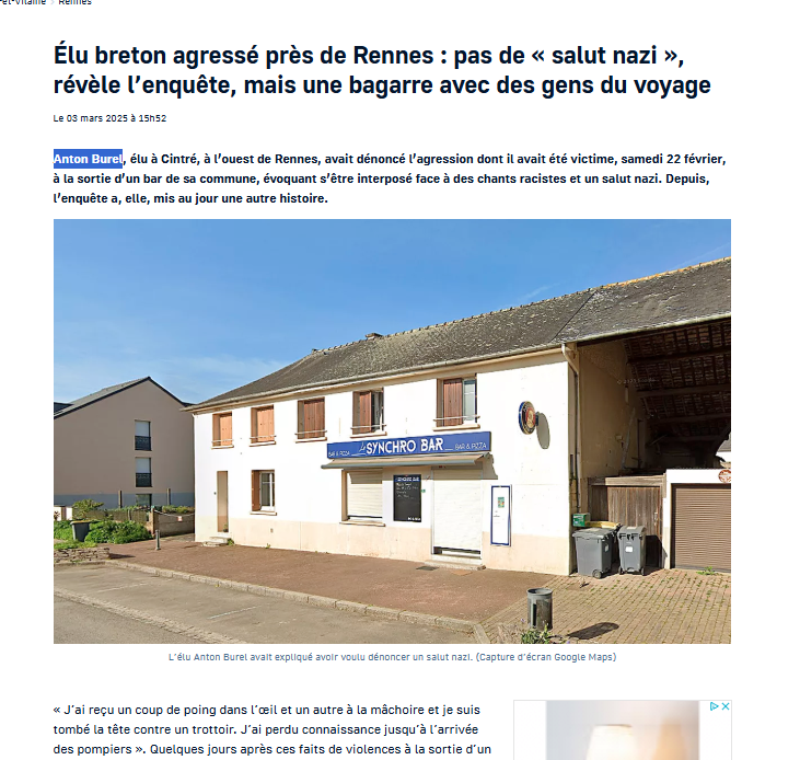 F_Desouche's tweet photo. Cintré (35) : un conseiller municipal prétendument agressé pour avoir dénoncé des saluts nazis et des slogans racistes ; il a en réalité tout inventé, impliqué dans une altercation avec des Gitans. Libé a repris sans vérifier (MàJ)
 https://t.co/EdyvomWOJc https://t.co/o1XAjRCy5n