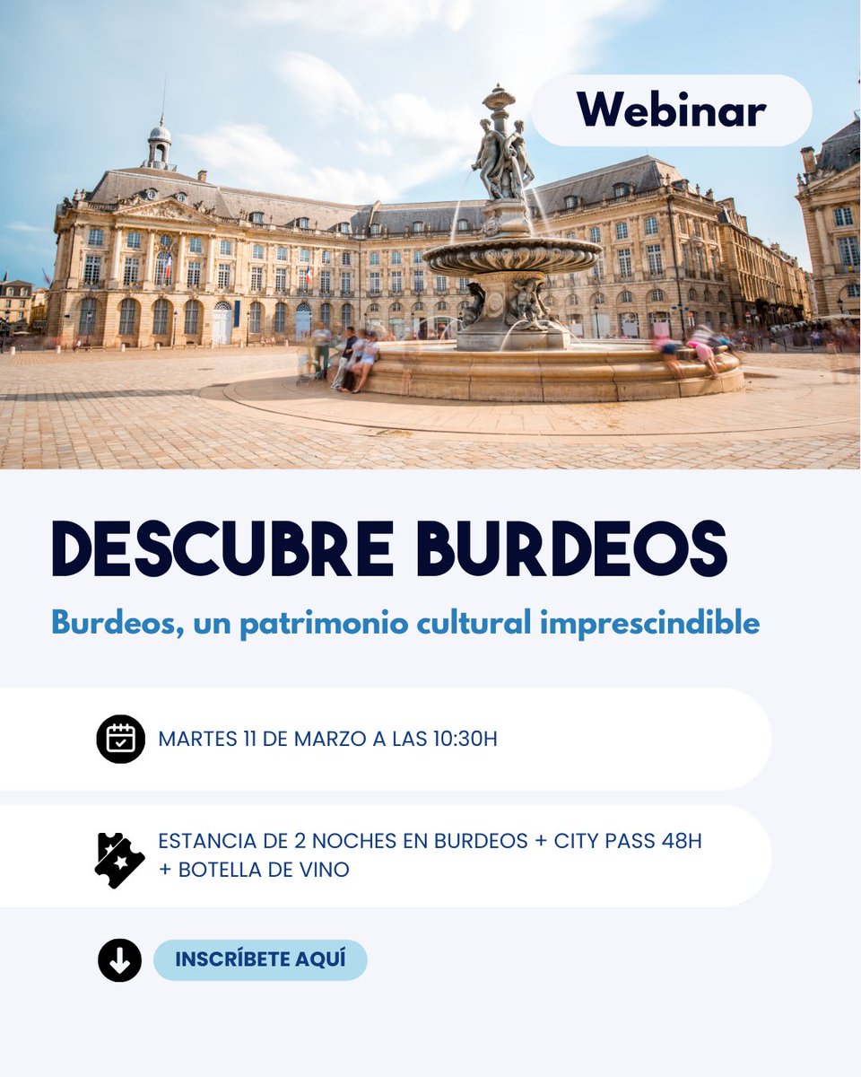 📅Save the Date: Martes 11 de marzo a las 10:30h

👩‍🏫Webinar: Burdeos, un patrimonio cultural imprescindible

🎁Incentivo: Estancia para 2 personas de 1 noche en Burdeos + 1 noche en el viñedo + City Pass 48h + 1 botella de vino

⬇️⬇️¡Inscríbete aquí!⬇️⬇️
bookingfax.com/webinars/cont.…