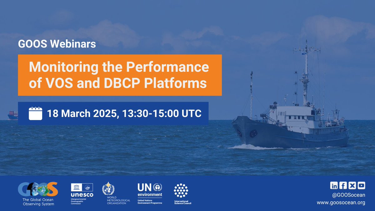 GOOSocean's tweet image. 🚢Calling all Port Meteorological Officers & Drifting Buoy operators!
Join the GOOS Observations Coordination Group Webinar to explore tools for remotely monitoring the performance of VOS & DBCP platforms.
📅 18 March 2025, 13:30-15:00 UTC
🔗 Register: bit.ly/3XspwSa