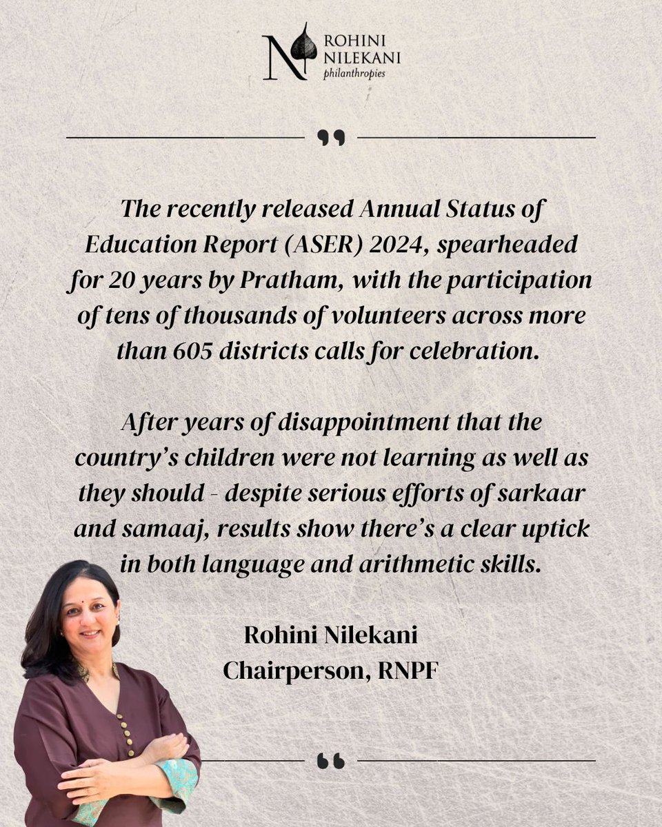 Rohini Nilekani Philanthropies (@rnp_foundation) on Twitter photo In this #OpEd for <a href="/timesofindia/">The Times Of India</a>, Rohini Nilekani (Chairperson, RNP) writes about <a href="/Pratham_India/">Pratham Education Foundation</a>'s recently released Annual Status of Education Report (ASER).
Read here ➡️ 📰💡samaaj.io/4bssNXb
#education #SocialImpact #DevelopmentSector #literacy In this #OpEd for <a href="/timesofindia/">The Times Of India</a>, Rohini Nilekani (Chairperson, RNP) writes about <a href="/Pratham_India/">Pratham Education Foundation</a>'s recently released Annual Status of Education Report (ASER).
Read here ➡️ 📰💡samaaj.io/4bssNXb
#education #SocialImpact #DevelopmentSector #literacy
