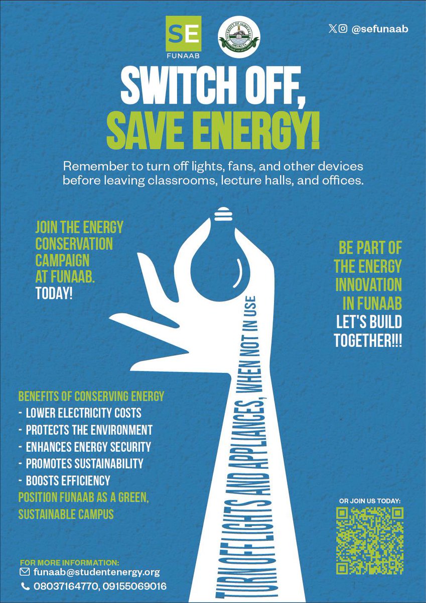 FUNAABNigeria's tweet photo. Student Energy Launches Power Conservation Campaign at FUNAAB

 By Raymond Osemene

A group of passionate students under the banner of STUDENT ENERGY, a global non-profit organisation, is set to champion energy conservation at the Federal University of Agriculture, Abeokuta (FUNAAB). The FUNAAB chapter of the organisation has outlined a mission to reduce electricity wastage in lecture halls, hostels and offices while raising awareness about the importance of energy efficiency.

The Chapter’s President, Mr. Daniel Adeyemi, a 400Level, student of the Department of Environmental Management and Toxicology (EMT), College of Environmental Resources Management (COLERM), stated that the campaign seeks to encourage both staff and students to conserve energy by switching off bulbs, fans, air conditioners, and other electrical appliances when not in use, particularly in academic and administrative spaces.

According to Mr. Adeyemi, the initiative was aimed at supporting FUNAAB’s sustainability efforts and reinforcing its commitment to environmental responsibility. He added that it was to foster a culture of energy consciousness, leading to long-term behavioural changes among students and staff, including a drastic reduction in electricity costs by curbing unnecessary power consumption.

#SDG9, #SDG12
