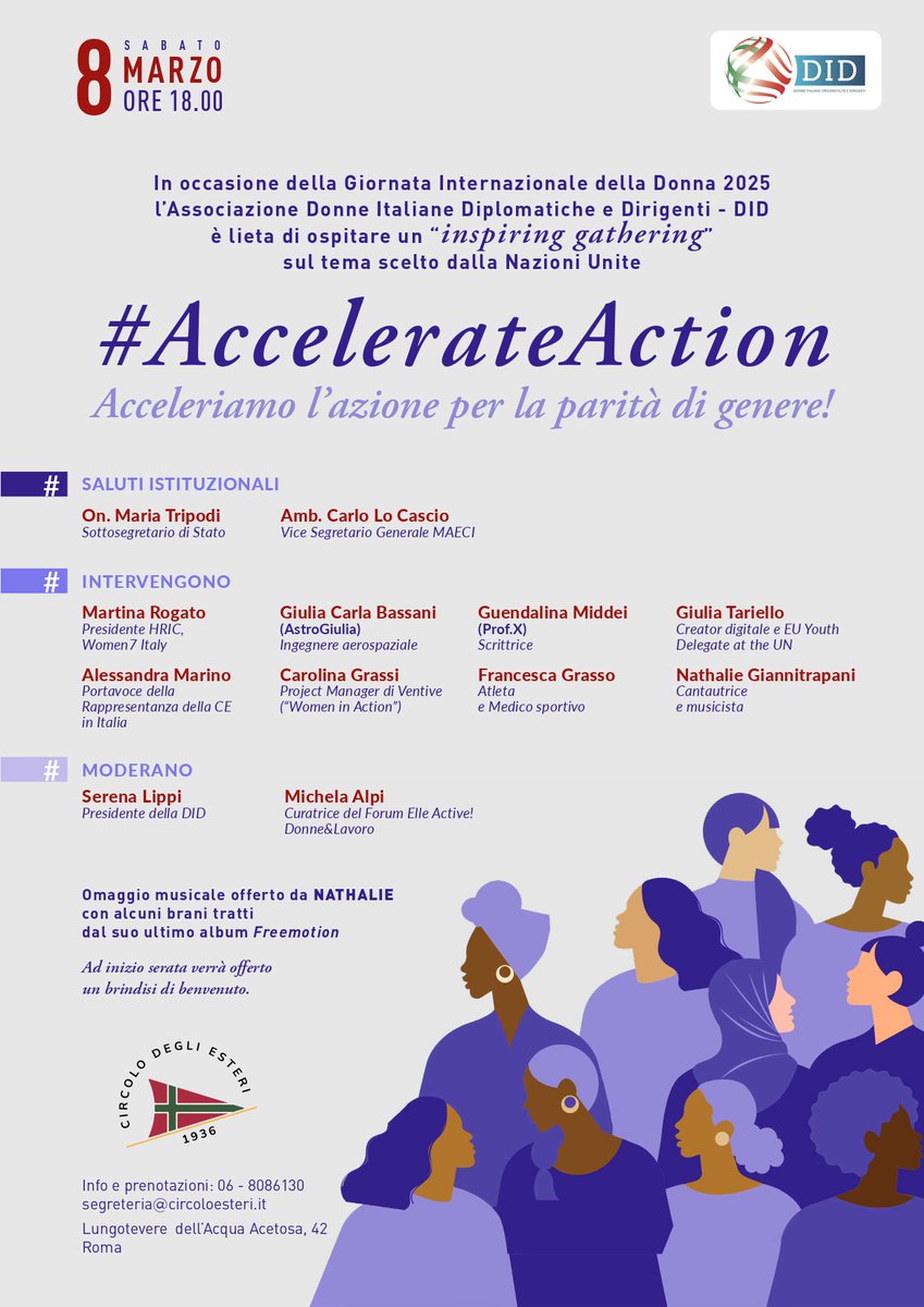 In occasione della #giornatadelladonna 2025, il Consiglio Direttivo DID ospiterà presso il Circolo degli Esteri a Roma un #inspiringevent dedicato al tema scelto dalle Nazioni Unite per l'International Women's Day 2025 #AccelerateAction Vi aspettiamo!