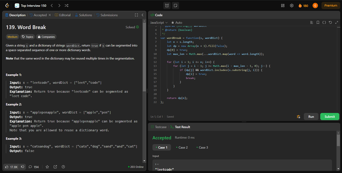 coding_ez24105's tweet image. Leveling up with dynamic programming! 🚀
Today’s solved problems:
🧗♂️ Climbing Stairs
🏠 House Robber
🔤 Word Break
💰 Coin Change
📈 Longest Increasing Subsequence
Every problem solved is a step closer to mastery! 💡
#LeetCode #Coding #InterviewPrep #DynamicProgramming #Top150
