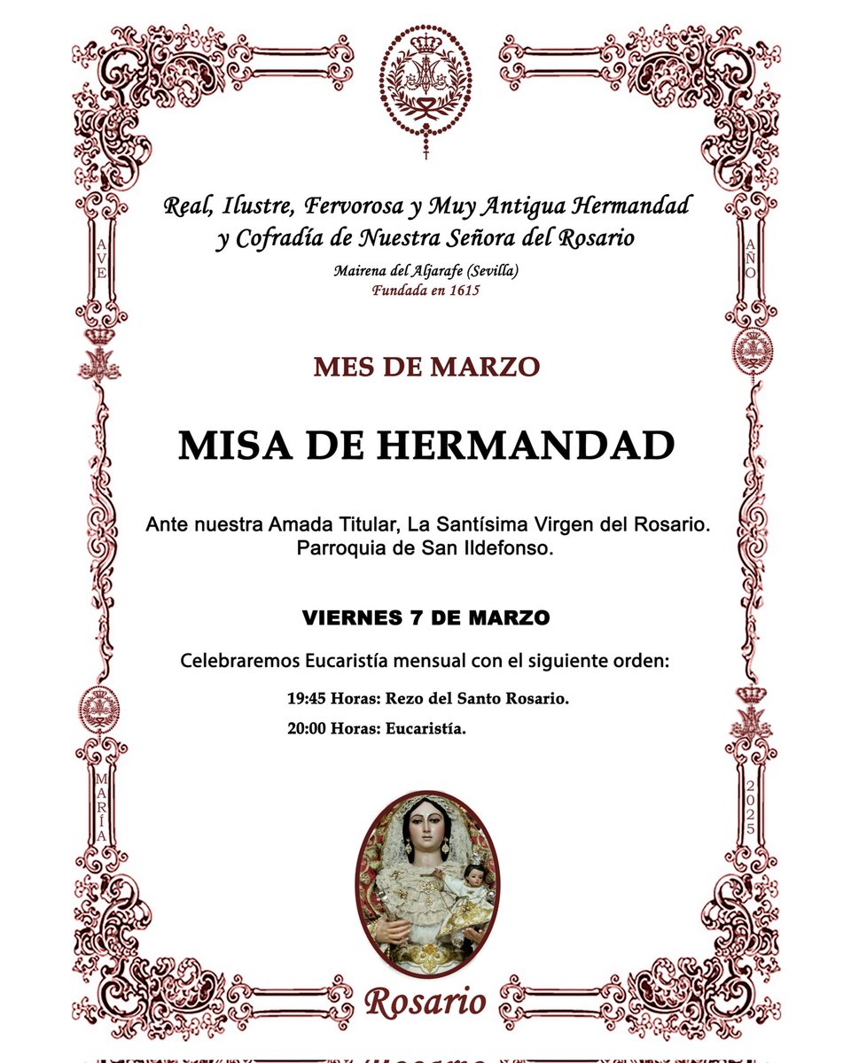 𝗗𝗜𝗣𝗨𝗧𝗔𝗖𝗜𝗢́𝗡 𝗗𝗘 𝗖𝗨𝗟𝗧𝗢𝗦 | 𝗠𝗘𝗦 𝗗𝗘 𝗠𝗔𝗥𝗭𝗢

𝗠𝗜𝗦𝗔 𝗗𝗘 𝗛𝗘𝗥𝗠𝗔𝗡𝗗𝗔𝗗

Próximo 𝗩𝗶𝗲𝗿𝗻𝗲𝘀 𝟳 𝗱𝗲 𝗺𝗮𝗿𝘇𝗼 𝗱𝗲 𝟮𝟬𝟮𝟱

-𝟭𝟵:𝟰𝟱 𝗵: Rezo del Santo Rosario.
-𝟮𝟬:𝟬𝟬 𝗵: Eucaristía.