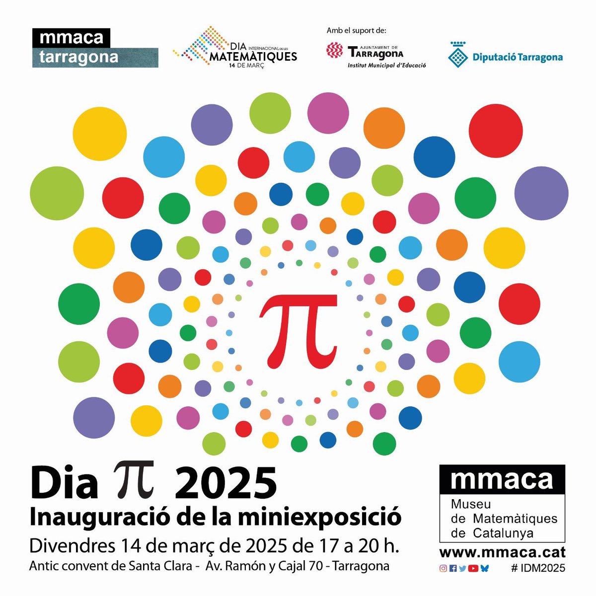 #MMACA-Tarragona 
Dia 14 de Març #Diaπ2025 INAUGURACIÓ MINIEXPOSICIÓ

🟪 El 14 de març de 2025, el Dia internacional de les matemàtiques, farem una festa oberta a tota la ciutadania i amb activitats per a totes les edats on inaugurarem la Miniexposició “Experiències Matemàtiques”