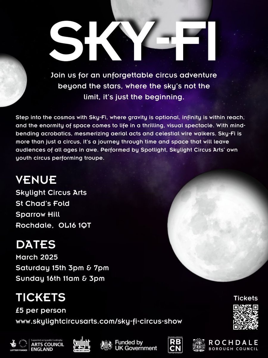 Next weekend our youth performance troupe Spotlight will be debuting Sky-Fi and we’d love for you to come and support! Tickets available! Everyone welcome! Thanks to support from <a href="/ace_national/">Arts Council England</a>  ❤️skylightcircusarts.com/sky-fi-circus-… 
#rochdale #communitycircusarts #circusarts