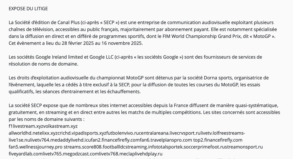 AlexArchambault's tweet image. Rejet (sec) de la demande de @canalplus de blocage de sites de streaming sportif de la saison 2025 #MotoGP. formulée contre #GoogleDNS
Le Tribunal rappelle qu&apos;il appartient au demandeur d&apos;apporter la preuve. Simple. Basique.
TJ Paris, 21/02/2025, 25/01466
courdecassation.fr/decision/67b8d…