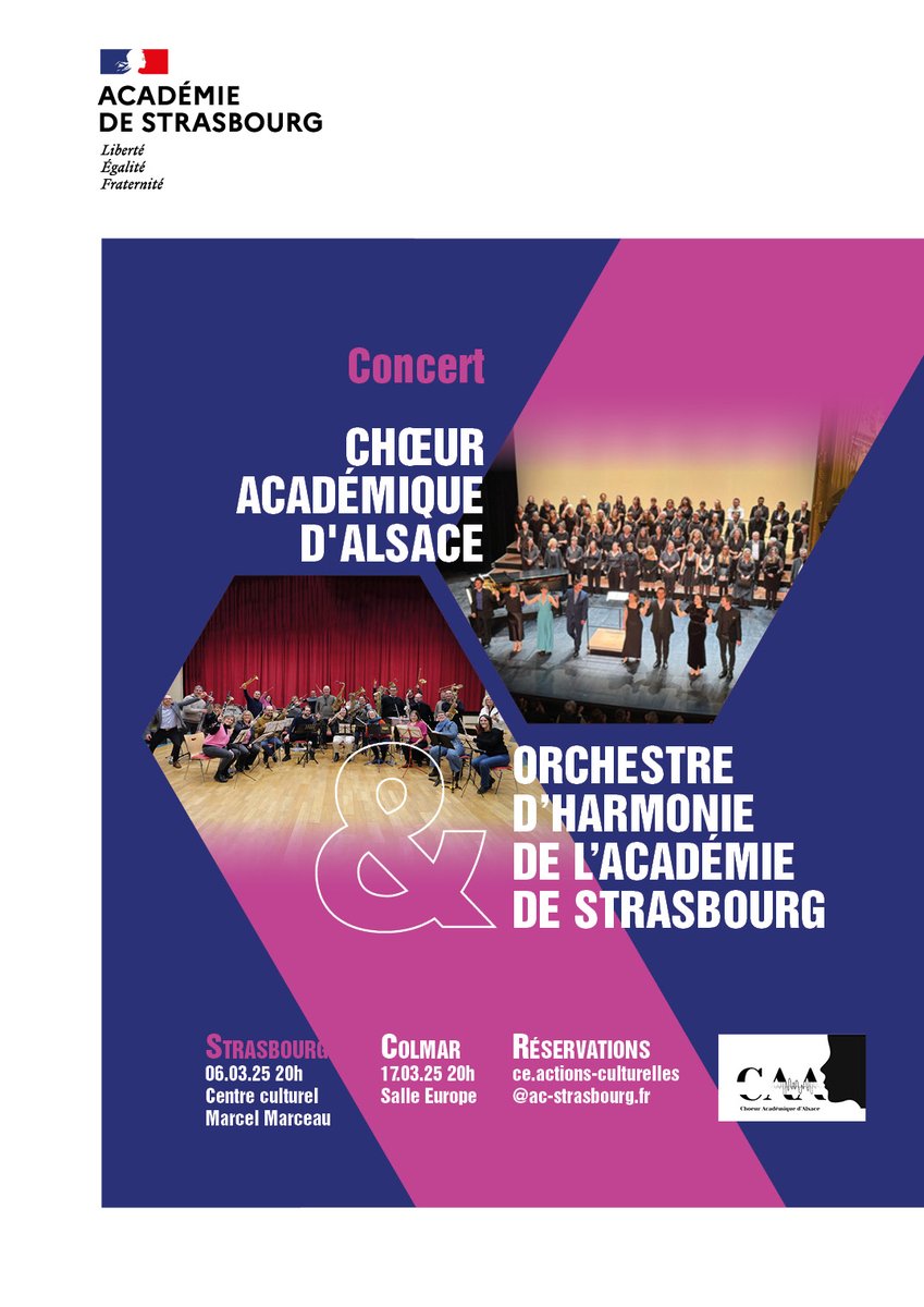 Académie Strasbourg (@acstrasbourg) on Twitter photo 🎶 Le chœur académique d'Alsace vous donne rendez-vous pour 2 soirées musicales :
- le 6 mars à 20h à #Strasbourg
- le 17 mars à 20 à #Colmar
Première partie avec l'orchestre d'harmonie de Strasbourg.
🎟️ Infos & inscriptions par mail : ce.actions-culturelles@ac-strasbourg.fr 🎶 Le chœur académique d'Alsace vous donne rendez-vous pour 2 soirées musicales :
- le 6 mars à 20h à #Strasbourg
- le 17 mars à 20 à #Colmar
Première partie avec l'orchestre d'harmonie de Strasbourg.
🎟️ Infos & inscriptions par mail : ce.actions-culturelles@ac-strasbourg.fr