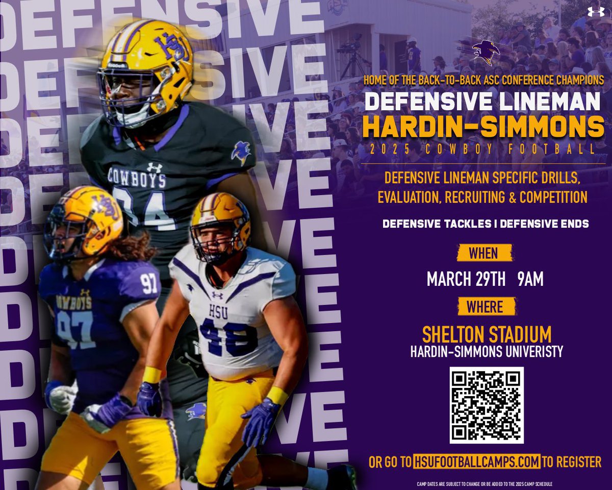 The Back to Back Conference Champions Hardin Simmons Football is having a DL camp on March 29th!!! Film Sessions, drill work. Come get better!!
🤠🤠🤠

register.ryzer.com/camp.cfm?sport…