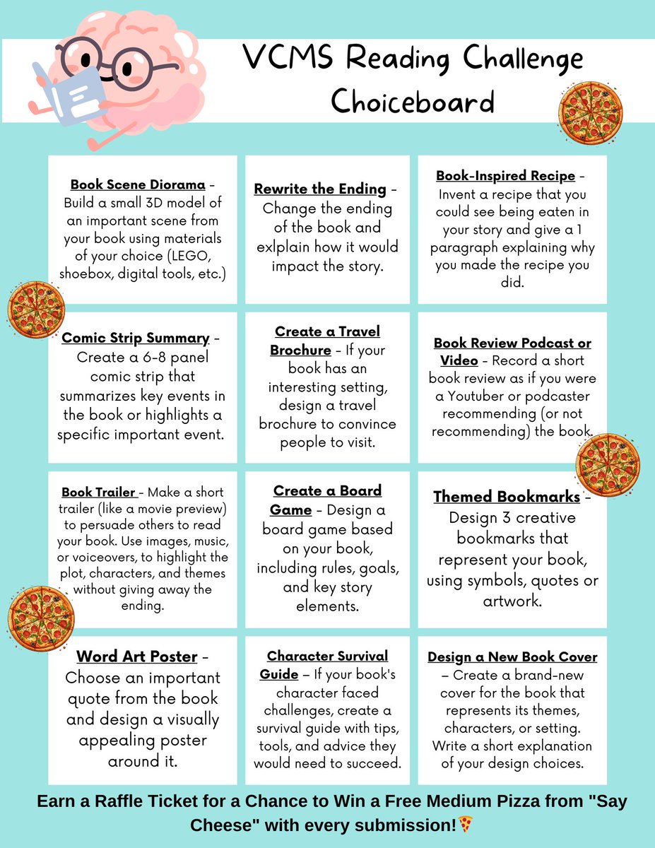 Does your student like to read and eat pizza?? Introducing the new VCMS Reading Challenge! Your student should be coming home in the next two days with information and instruction on this awesome reading contest! Happy reading and creating!