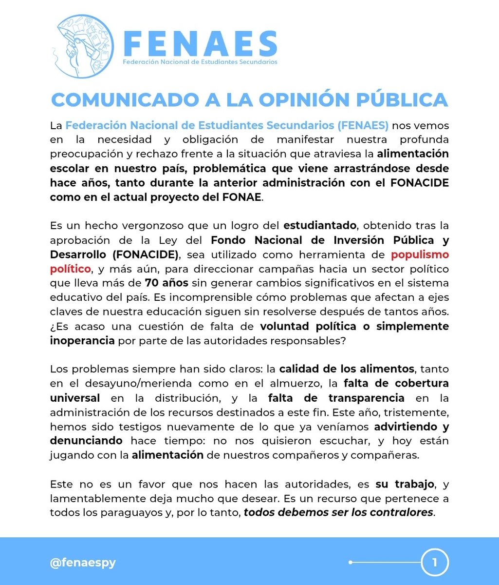 Comunicado 📃 de Fenaes 

Apoyo a directores de  instituciones educativas con relación a las últimas normativas emitidas por el <a href="/MECpy/">MECpy</a> en lo que respecta al programa "Hambre Cero "