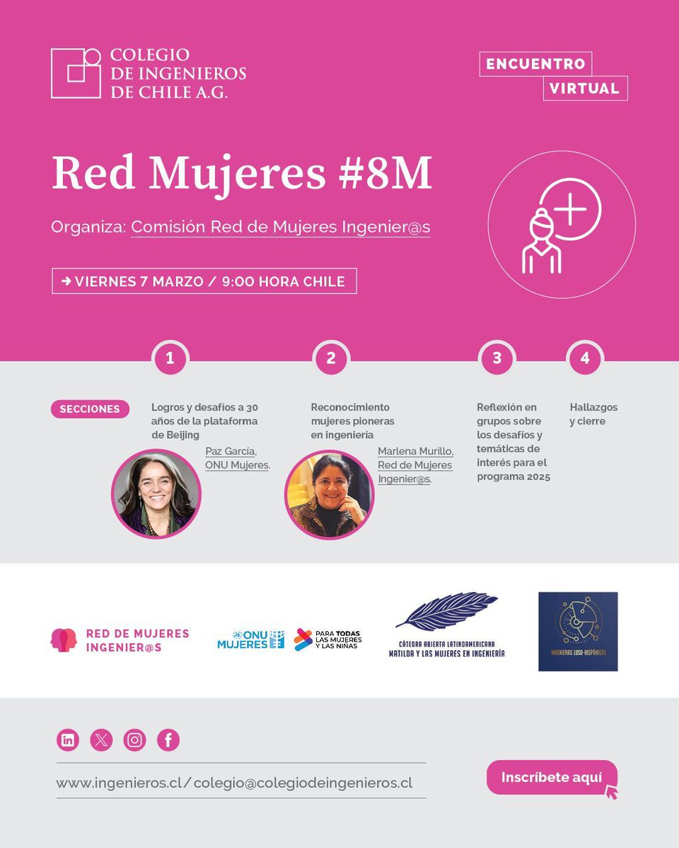 👩💡Súmate al encuentro virtual de <a href="/RedIngenierasCI/">RedIngenierasCI</a>  del <a href="/IngenierosCHILE/">Colegio de Ingenieros de Chile A.G.</a> este viernes 07 de marzo/09:00 hrs

Participan:
- Paz García, <a href="/ONUMujeres/">ONU Mujeres</a> 
- Marlena Murillo <a href="/kaiserasrael/">Lena</a>, docente <a href="/dicuchile/">Ingeniería Civil UCh</a> 
📲Inscríbete en bit.ly/3EYZEa0

#ComunidadCivi #MujeresIngenieras #8M