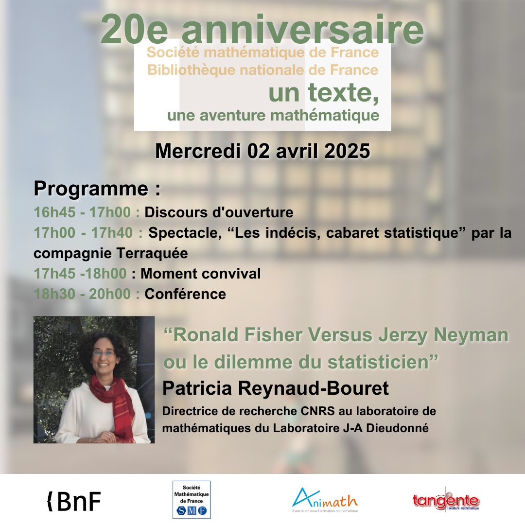 Animath (@asso_animath) on Twitter photo 🎉 Le cycle "Un Texte, Une Aventure Mathématique" fête ses 20 ans ! 🎉
📅 2 avril 2025 – 📍<a href="/laBnF/">Bibliothèque BnF</a>
🎭 Spectacle "Les indécis, cabaret statistique" par la Compagnie Terraquée à 17h00
📖 Conférence à 18h30
👩🏫 Profs, inscrivez vos classes et rejoignez-nous : forms.gle/8yb1shnuBekFmg… 🎉 Le cycle "Un Texte, Une Aventure Mathématique" fête ses 20 ans ! 🎉
📅 2 avril 2025 – 📍<a href="/laBnF/">Bibliothèque BnF</a>
🎭 Spectacle "Les indécis, cabaret statistique" par la Compagnie Terraquée à 17h00
📖 Conférence à 18h30
👩🏫 Profs, inscrivez vos classes et rejoignez-nous : forms.gle/8yb1shnuBekFmg…
