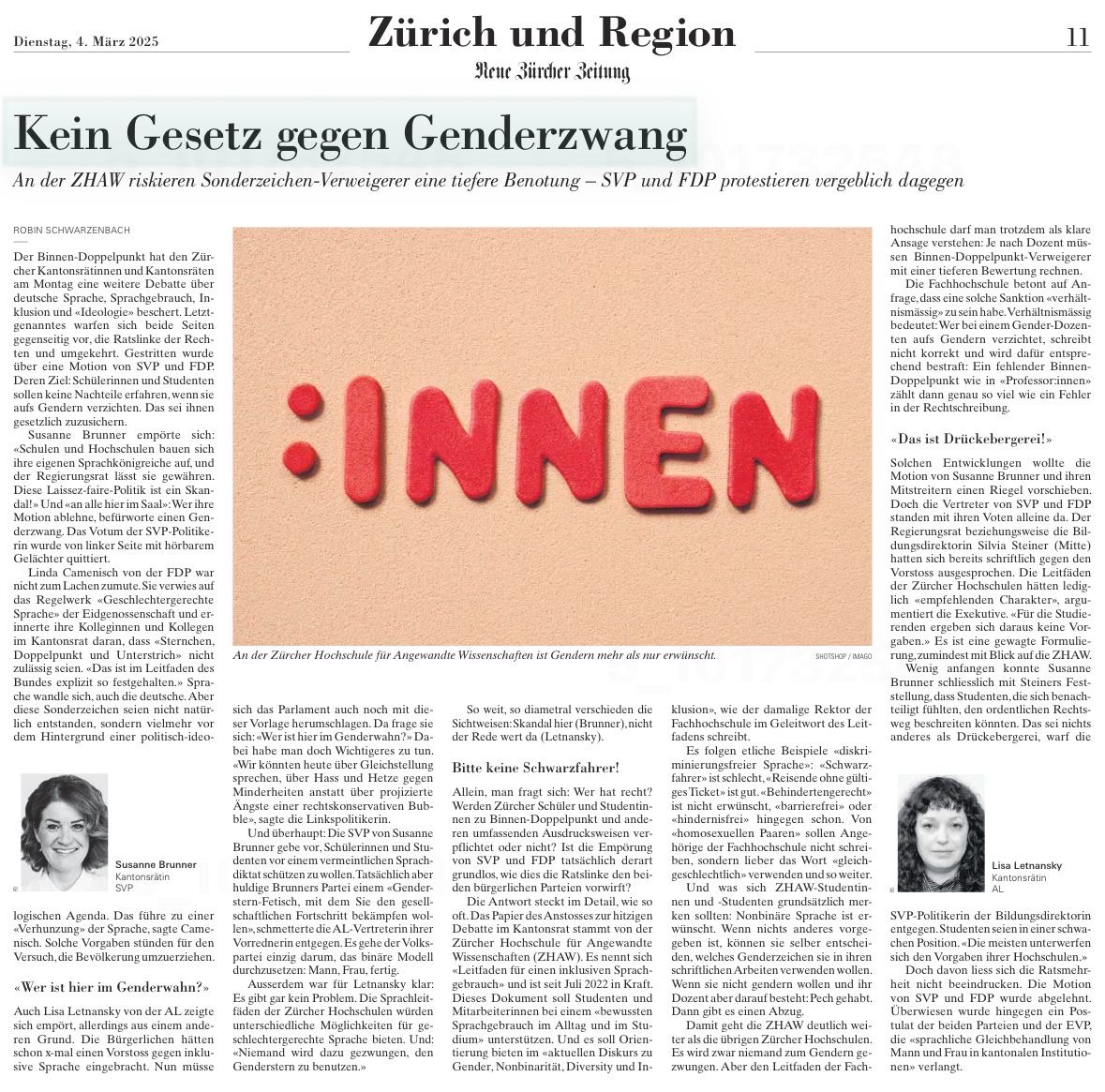 Alternative Liste Zürich (@al_zuerich) on Twitter photo Lisa vs. Susanne - gestern im Kantonsrat, heute in der NZZ...
“Wer ist hier im Genderwahn? Wir könnten über Gleichstellung sprechen, über Hass und Hetze gegen Minderheiten anstatt über projizierte Ängste einer rechtskonservativen Bubble” - Lisa Letnansky <a href="/al_zuerich/">Alternative Liste Zürich</a> Lisa vs. Susanne - gestern im Kantonsrat, heute in der NZZ...
“Wer ist hier im Genderwahn? Wir könnten über Gleichstellung sprechen, über Hass und Hetze gegen Minderheiten anstatt über projizierte Ängste einer rechtskonservativen Bubble” - Lisa Letnansky <a href="/al_zuerich/">Alternative Liste Zürich</a>