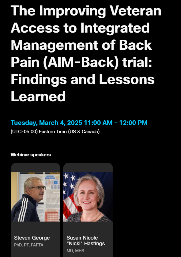 NIH-DoD-VA Pain Management Collaboratory (@painmc3) on Twitter photo Please join us 03/04/25 @ 11am EST, as Drs. Steven George & <a href="/HastingsNicki/">Nicki Hastings MD</a> present their AIM-Back trial <a href="/vahsrd/">VA HSR</a>'s Spotlight on Pain Management. <a href="/VAResearch/">VA Research</a> <a href="/NIH_NCCIH/">NIH NCCIH</a> @dukemedschool
<a href="/vadurham/">Durham VA Health Care System</a> #varesearch #pain #painresearch #veteran Register Here: hsrd.research.va.gov/cyberseminars/ Please join us 03/04/25 @ 11am EST, as Drs. Steven George & <a href="/HastingsNicki/">Nicki Hastings MD</a> present their AIM-Back trial <a href="/vahsrd/">VA HSR</a>'s Spotlight on Pain Management. <a href="/VAResearch/">VA Research</a> <a href="/NIH_NCCIH/">NIH NCCIH</a> @dukemedschool
<a href="/vadurham/">Durham VA Health Care System</a> #varesearch #pain #painresearch #veteran Register Here: hsrd.research.va.gov/cyberseminars/