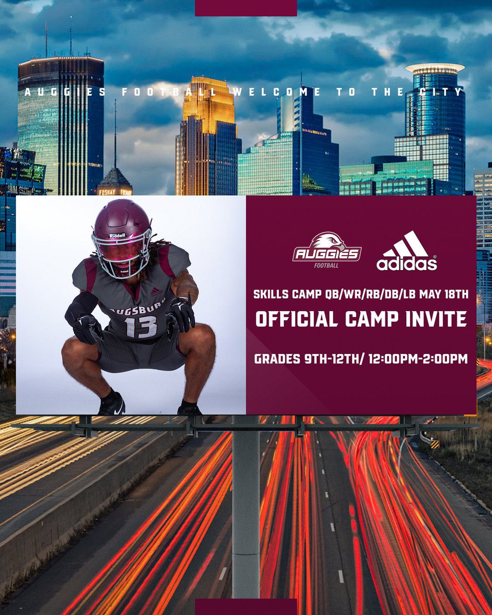 Thank you <a href="/Coach_JRogers/">Jeff Rogers</a> and <a href="/Augsburg_FB/">Augsburg Football</a> for the camp invite! Can’t wait to compete!
<a href="/PrepRedzoneMN/">Prep Redzone Minnesota</a> <a href="/OJW_Scouting/">PrepRedzone Oliver</a> <a href="/NWahlScouting/">Nate Wahl</a>