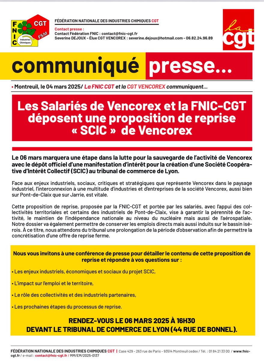 Communiqué de presse « Les salariés de Vencorex et la FNIC CGT déposent une proposition de reprise "SCIC" de Vencorex »