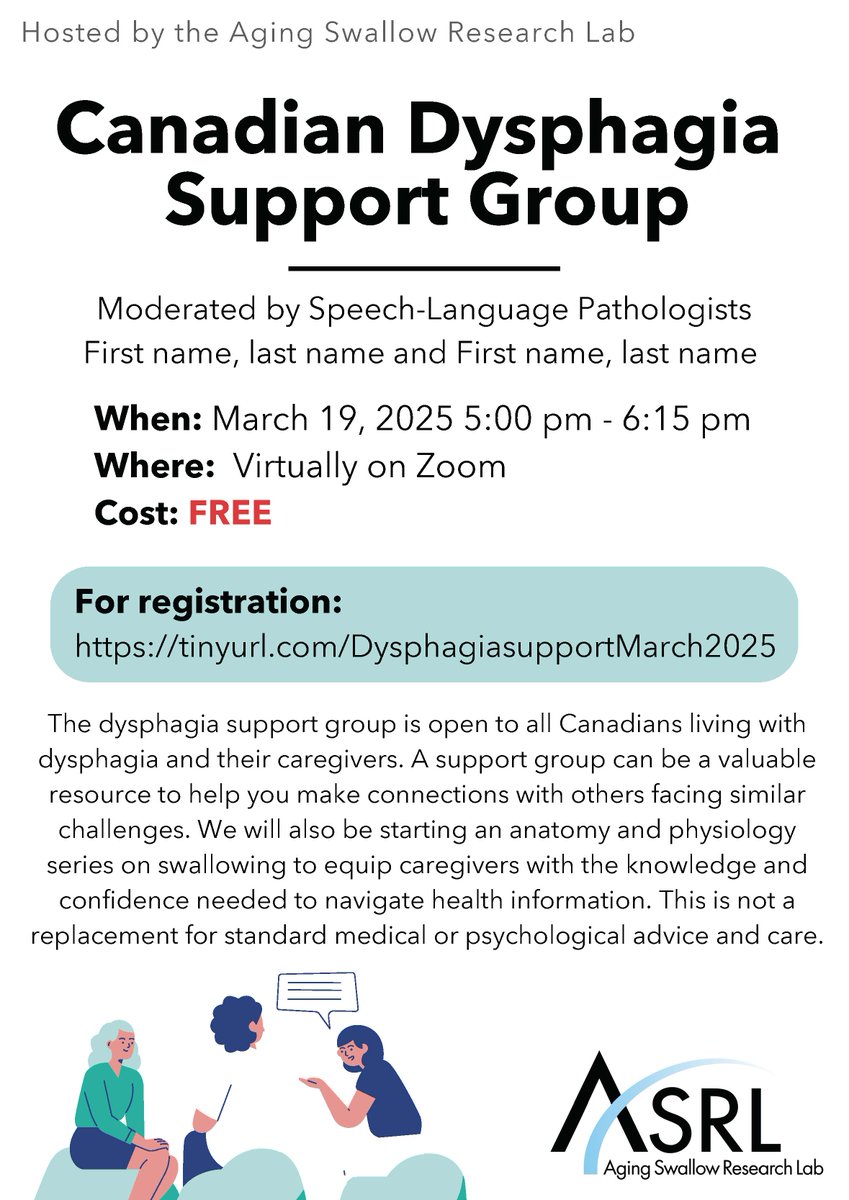 Swallowing Disorder Foundation (@nfosd) on Twitter photo The Aging Swallow Research Lab will be hosting another virtual Canadian Dysphagia Support Group for adults with dysphagia and their caregivers on Wednesday, March 19 at 5:00PM EST.👈🏻
tinyurl.com/Dysphagiasuppo…
<a href="/AgingSwallowLab/">Aging Swallow Research Lab</a> The Aging Swallow Research Lab will be hosting another virtual Canadian Dysphagia Support Group for adults with dysphagia and their caregivers on Wednesday, March 19 at 5:00PM EST.👈🏻
tinyurl.com/Dysphagiasuppo…
<a href="/AgingSwallowLab/">Aging Swallow Research Lab</a>