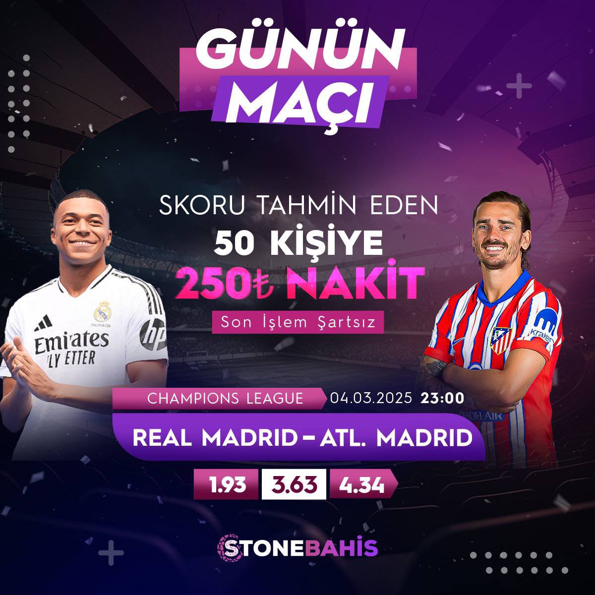 💰 ŞAMPİYONLAR LİGİ ÖZEL SKOR ETKİNLİĞİ 50 KİŞİYE 250₺ NAKİT!

⚽️ R. MADRID 🆚 ATL. MADRID

🔝 Gönderiyi Retweetle,
🐦 Hesabımızı takip et,
✏️ Kullanıcı adını yoruma bırak!

#UCL  #Canlı

🎯Güncel Giriş : t2m.io/stonebahissosy…