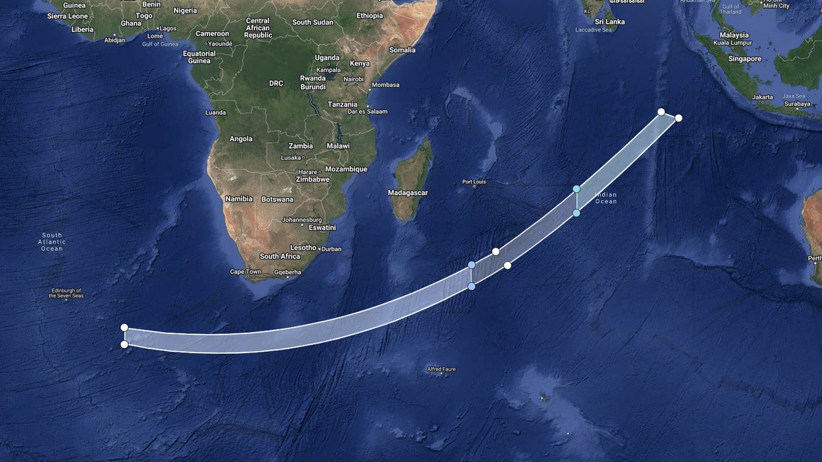 LHA map for #Starlink Group 12-21 from CCSFS SLC-40 NET 05 Mar 06:00 UTC, alternatively 06 to 11 Mar based on issued NOTAM/NOTMARs. Planned booster recovery 600km with estimated fairing recovery ~670km downrange. S2 debris reentry area in Indian Ocean. bit.ly/LHA-48