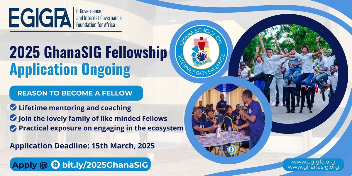 Are you ready to deepen your knowledge of Internet Governance and play a role in shaping digital policies in Ghana and beyond? 

🔗 Apply Now: bit.ly/2025GhanaSIG

#GhanaSIG2025 #InternetGovernance #DigitalTransformation #TechPolicy #FellowshipOpportunity #EGIGFA