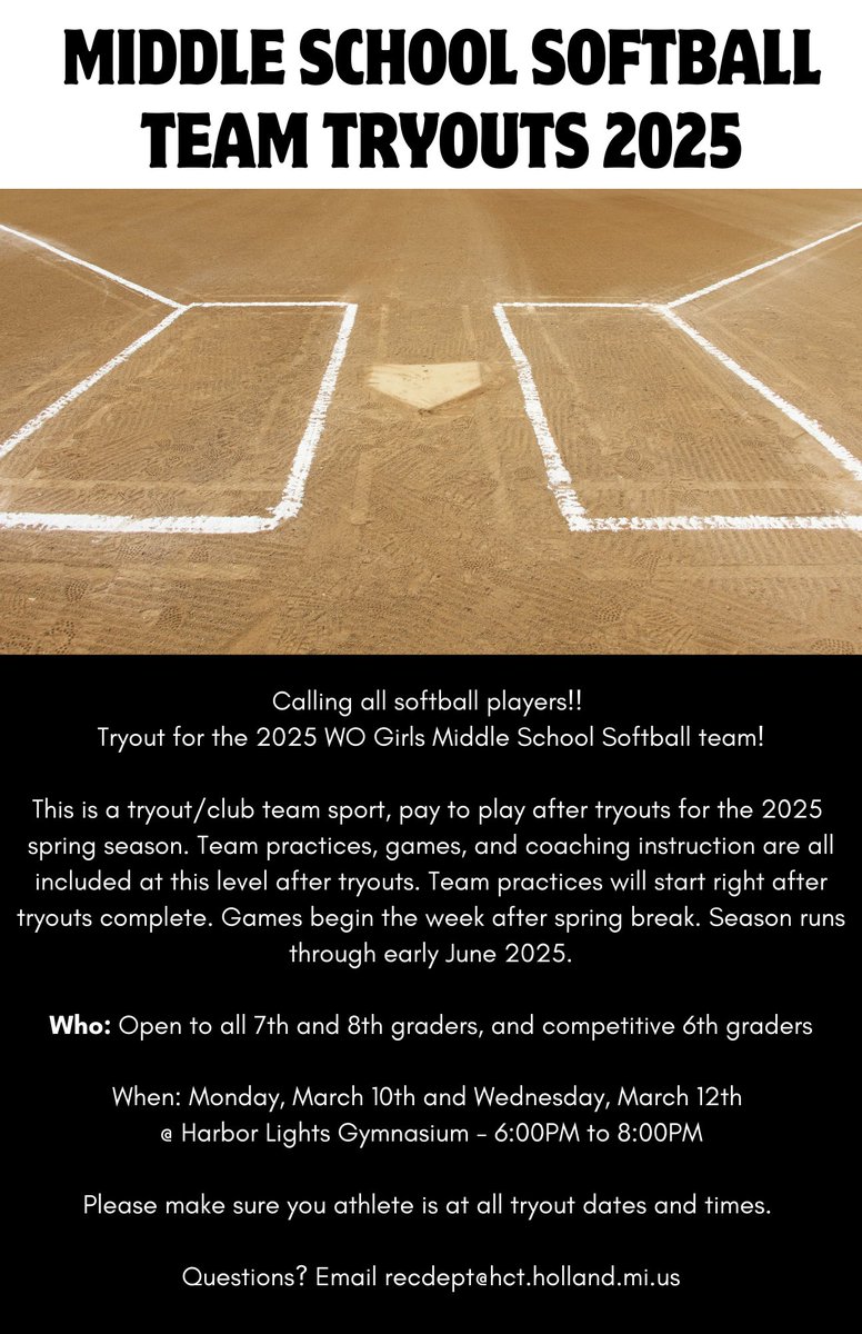 Are you interested in playing softball on the West Ottawa Middle School Club team for the upcoming 2025 spring season? If so, join us for our Middle School Softball tryouts on Monday, March 10 and Wednesday, March 12 @ HARBOR LIGHTS GYMNASIUM from 6pm to 8pm.