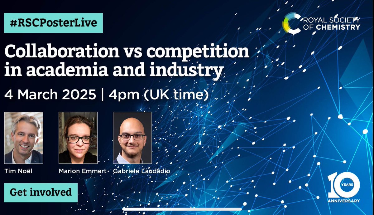 Thrilled to join Timothy Noel and <a href="/g_laudadio/">Gabriele Laudadio</a> for a discussion of collaboration vs competition today at 11 am EST under the framework of the #RSCposter competition. #merckchemistry #team