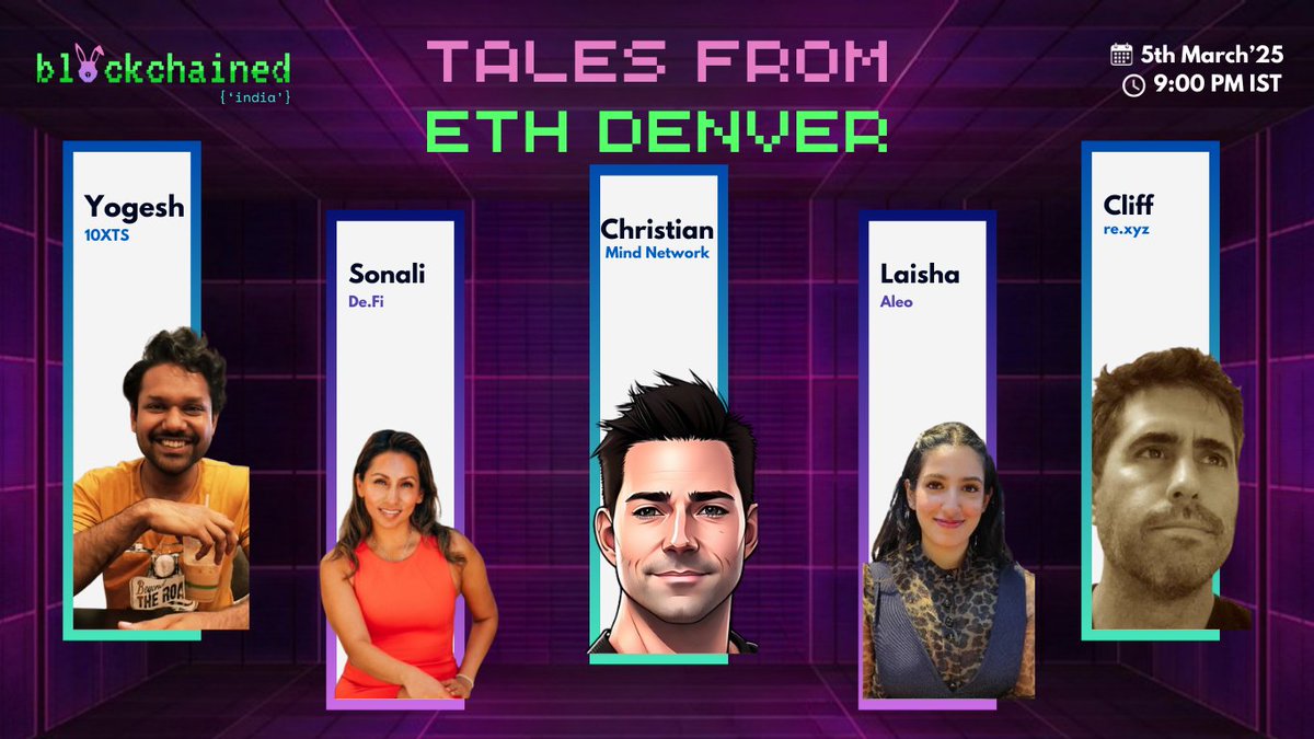 blockchainedind's tweet photo. Wondering what were people excited about at #EthDenver?

Join us tomorrow for our exclusive “Tales From Eth Denver” session at 9:00 pm IST.

Set reminders here: https://t.co/FYQjwZYZWt

Our speakers: @SonaliGio @thecliffwhite @laishawadhwa @TheTAOofData @yogesh_kadiyala https://t.co/OkskiwXf7D