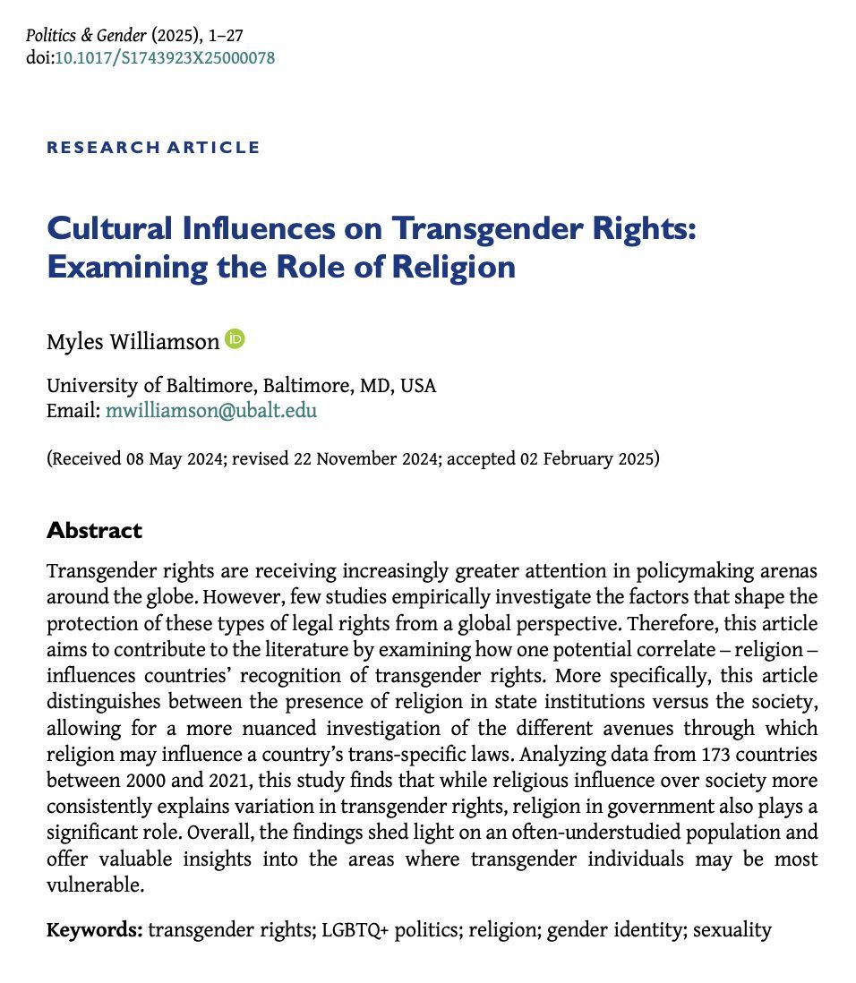 📣 Out on #FirstView 📣 

<a href="/myles_sage/">Myles Williamson</a> investigates religion as an explanation for cross-national variation of protection for transgender rights in "Cultural Influences on Transgender Rights".

buff.ly/41nlUlk