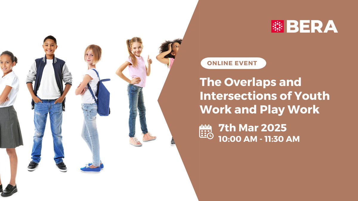 📣 Upcoming event

The Overlaps and Intersections of Playwork and Youth Work
- BERA Youth Studies and Informal Education SIG
<a href="/TinaSalter5/">Dr Tina Salter</a> <a href="/fincullen/">Fin</a>

🗓️ 7 Mar 2025

Find out more and register: bera.ac.uk/event/the-over…