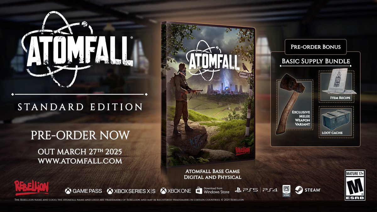 AtomfallGame's tweet photo. ⚛️Atomfall is coming March 27th 2025 to Xbox Game Pass Day One, Xbox One, Xbox Series X|S, Windows PC and PC via Steam, Epic and PlayStation 4 & 5.

The first story expansion for Atomfall will be known as the "Wicked Isle"

Please note the Quarantine Edition is only available on the @Rebellion store for Steam only

Learn More👉 https://t.co/8043YmriUP
Pre-Order👉 https://t.co/C3EWYHxAQn
Pre-Order Quarantine Edition👉 https://t.co/75QbnHGhnY