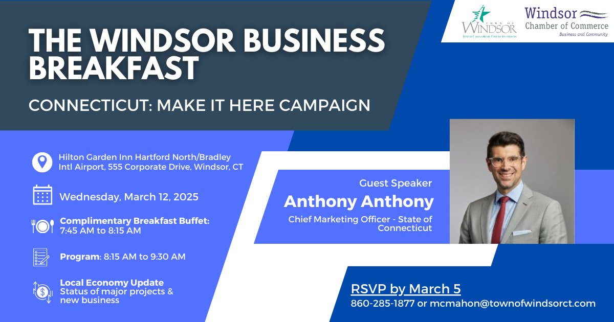 Town of Windsor, CT (@townofwindsorct) on Twitter photo The Windsor Business Breakfast will be held on Wednesday, March 12 at the Hilton Garden Inn. This event is hosted by the Windsor Economic Development Commission and Windsor Chamber of Commerce.
RSVP by March 5 to 860-285-1877 or mcmahon@townofwindsorct.com The Windsor Business Breakfast will be held on Wednesday, March 12 at the Hilton Garden Inn. This event is hosted by the Windsor Economic Development Commission and Windsor Chamber of Commerce.
RSVP by March 5 to 860-285-1877 or mcmahon@townofwindsorct.com
