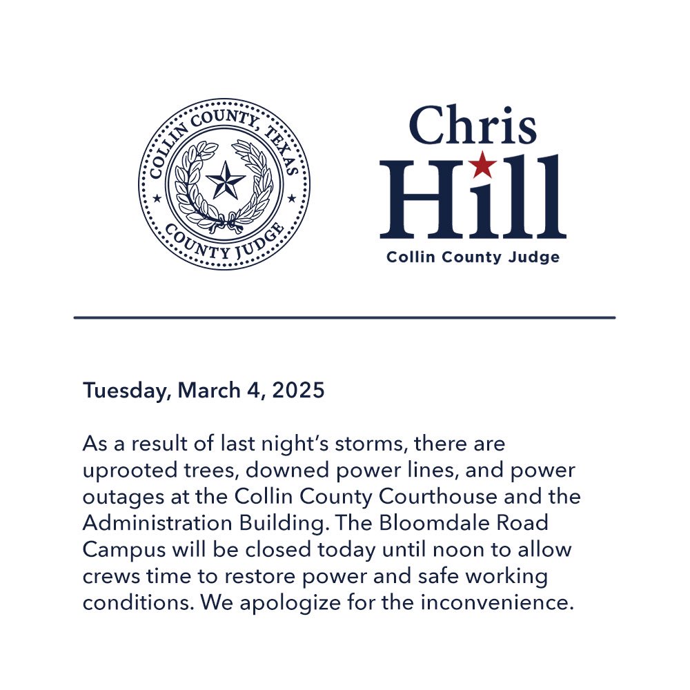 **Emergency Closure Notice**

Due to a power outage caused by last night's storms, the Central Administration Building and Courthouse will be closed until **noon today**. We apologize for any inconvenience and appreciate your patience as crews work to restore power.