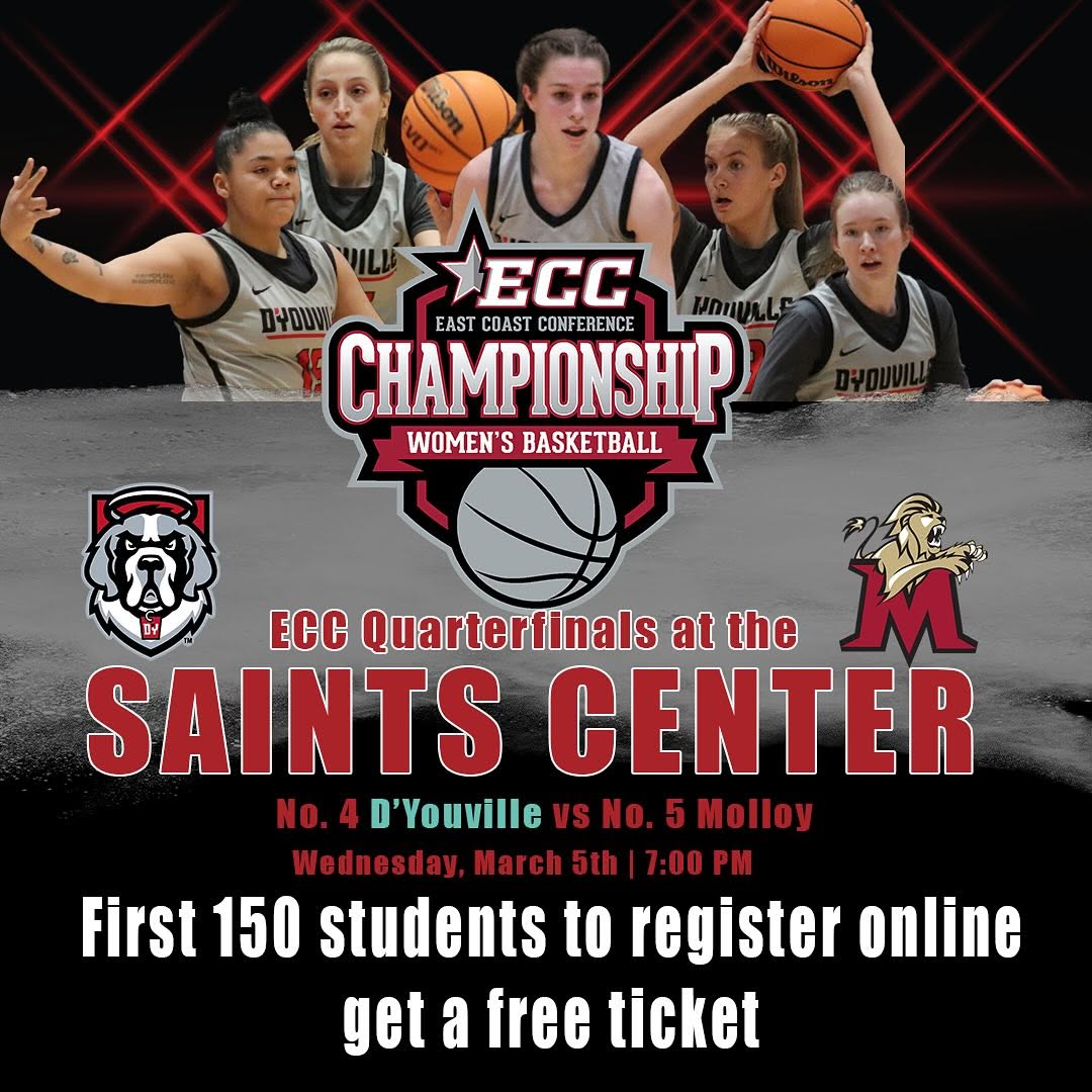 Calling all DYU students, alumni, family and friends!🚨🚨
Tickets for Wednesday's ECC WBB Quarterfinal game at the Saints Center Gym are live‼️
Support our Saints in the first round of ECC playoffs at home against Molloy on Wednesday night at 7 PM 🐶

#GoSaints #FeedTheDawgs