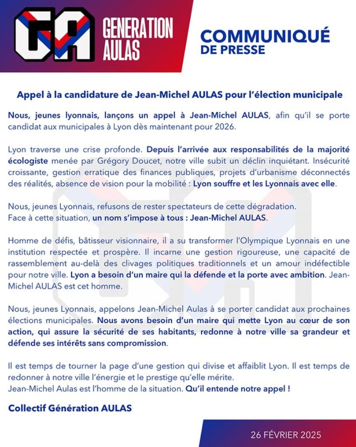 SocialGones's tweet photo. [#ExOL] Des jeunes au soutien de #JMA2026 – via Le Progrès ⤵️

« Jean-Michel #Aulas candidat aux municipales 2026 à Lyon ? C’est la question que de nombreux Lyonnais se posent. Selon un sondage Ifop, ils seraient favorables à plus de 70 % à la candidature de l’ancien président de l’@OL. [...]

Génération Aulas [est un] collectif de jeunes qui soutient la candidature de Jean-Michel #Aulas à Lyon en 2026. [...]

En quelques jours, plus de 440 personnes se sont abonnées au compte de GenerationAulas. "Lyon souffre et les Lyonnais avec elle. Face à cette situation, un nom s’impose à tous : Jean-Michel #Aulas", déclare le collectif au sein d’un communiqué. »

#TeamOL