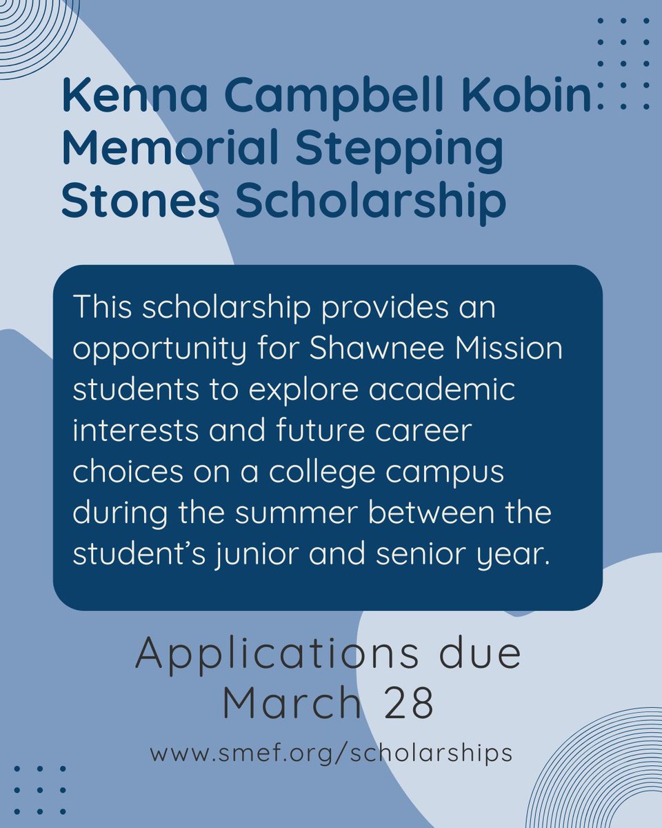 The Kenna Campbell Kobin Memorial Stepping Stones Scholarship lets @thesmsd students study on a college campus this summer!

🎓 Open to current  @thesmsd juniors
📚 Explore academic &amp; career interests
💰 Funds sent directly to the program

Apply now: smef.org/scholarships