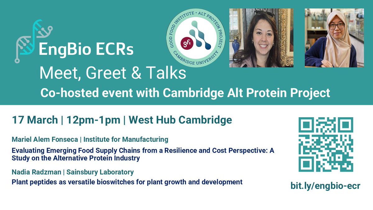 EngBio IRC (@engbioirc) on Twitter photo Join us at our EngBio ECRs MeetUp co-hosted with Cambridge Alt Protein Project on Mon 17 Mar with Mariel Alem-Fonseca <a href="/IfMCambridge/">Institute for Manufacturing (IfM)</a> &Nadia Radzman <a href="/nadradz/">Nadia Radzman</a> <a href="/slcuplants/">Sainsbury Laboratory Cambridge University (SLCU)</a> 🌱
#futurefood #proteins #plantpeptides #foodsecurity #alternativeproteins Sign up at👉 buytickets.at/engineeringbio… Join us at our EngBio ECRs MeetUp co-hosted with Cambridge Alt Protein Project on Mon 17 Mar with Mariel Alem-Fonseca <a href="/IfMCambridge/">Institute for Manufacturing (IfM)</a> &Nadia Radzman <a href="/nadradz/">Nadia Radzman</a> <a href="/slcuplants/">Sainsbury Laboratory Cambridge University (SLCU)</a> 🌱
#futurefood #proteins #plantpeptides #foodsecurity #alternativeproteins Sign up at👉 buytickets.at/engineeringbio…