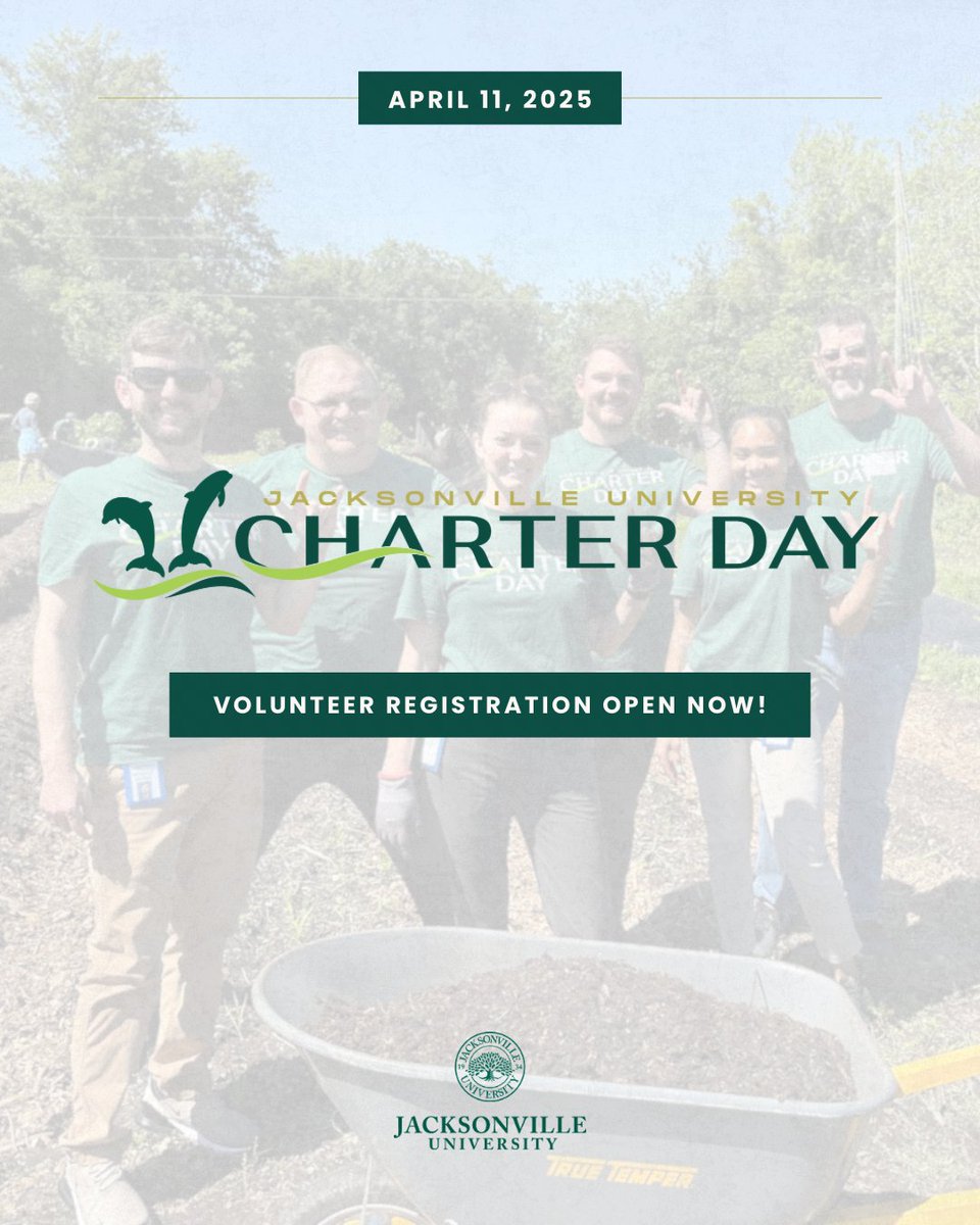 📢 Volunteer for Charter Day of Service on April 11, 2025, and help give back to Jacksonville!  

Sign up now! ⬇️  
🔗 ju.edu/charterdayvolu…
#CharterDay2025 #Community