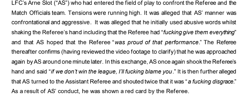 martynziegler's tweet photo. NEW: FA written reasons show Arne Slot told referee Michael Oliver after the Merseyside derby he had “fucking give them everything” + “if we don’t win the league, I’ll fucking blame you.” https://t.co/ZoTl0EVBL3