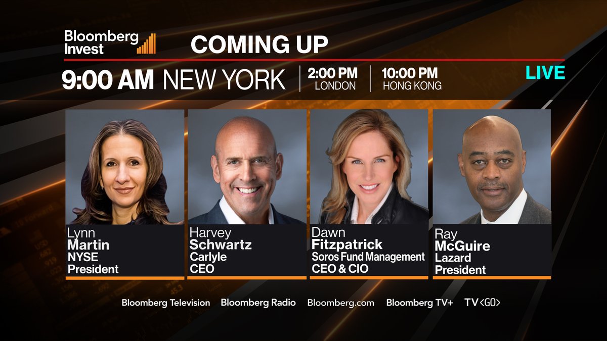 Open Interest is live in the heart of New York's Financial District at Bloomberg Invest. 

Guests include NYSE Group President Lynn Martin, Carlyle CEO Harvey Schwartz, Soros Fund Management CEO Dawn Fitzpatrick and Ray McGuire, President of Lazard trib.al/6XmNi9n