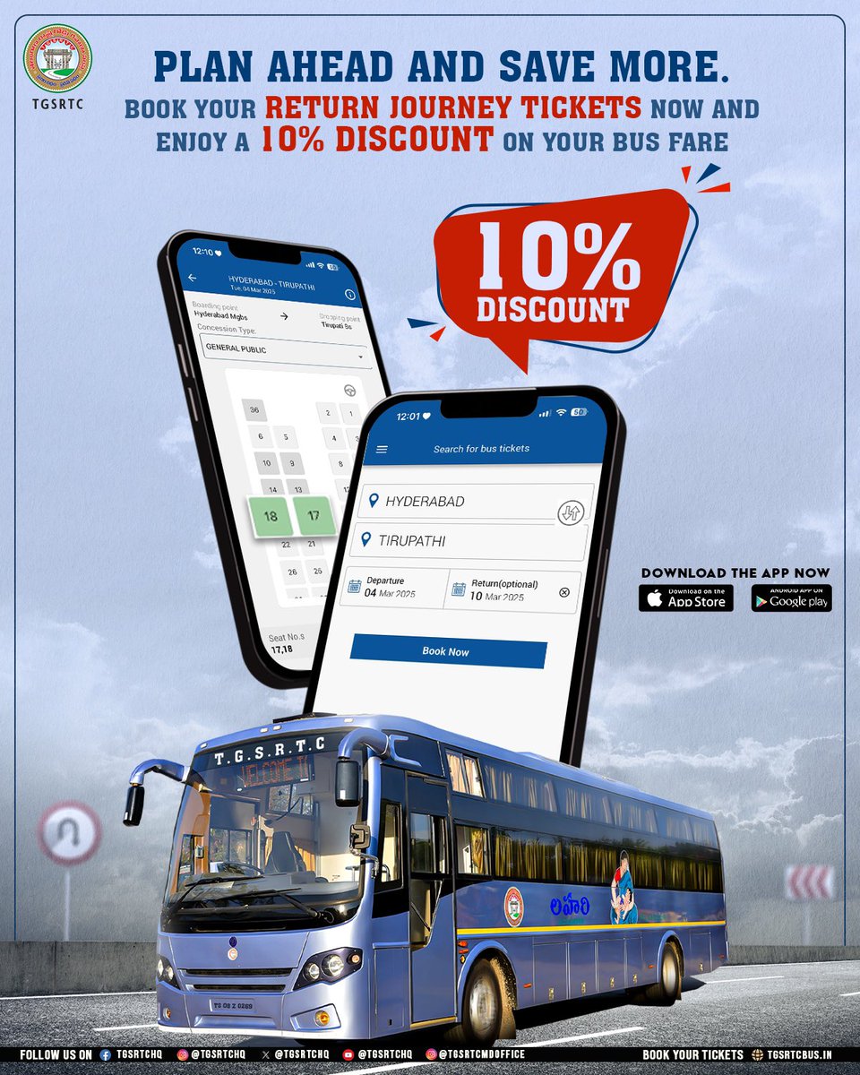 TGSRTCHQ's tweet image. Planning a round trip?
Book your return ticket in advance through the TGSRTC Official Online Booking app or at tgsrtcbus.in and enjoy 10% OFF on your bus fare!
@revanth_anumula @Ponnam_INC @TelanganaCMO @SajjanarVC @CTM_MKTG_TGSRTC
#TGSRTC #Telangana #Hyderabad…