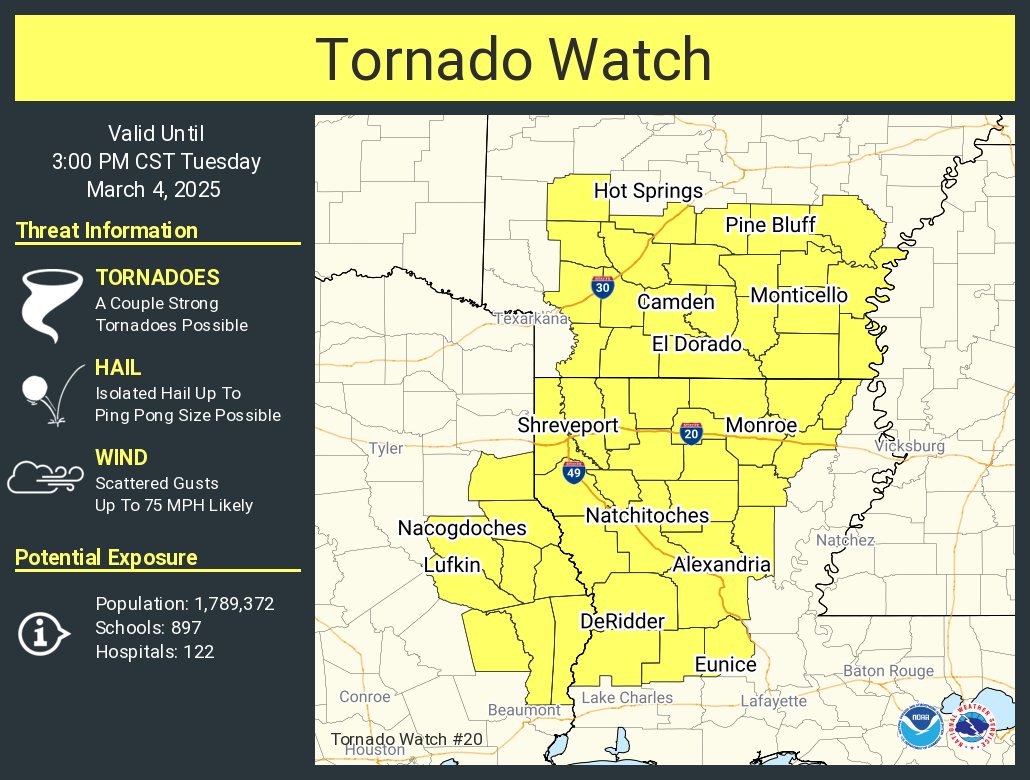A tornado watch has been issued for parts of Arkansas, Louisiana and Texas until 3 PM CST