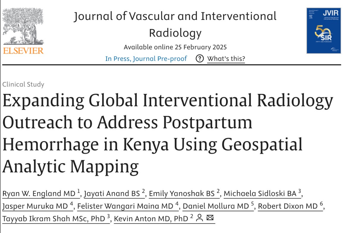 Check out the most recently published article in the Journal of Vascular and Interventional Radiology, “Expanding Global Interventional Radiology Outreach to Address Postpartum Hemorrhage in Kenya Using Geospatial Analytic Mapping”

doi.org/10.1016/j.jvir…

#RADAID #JVIR