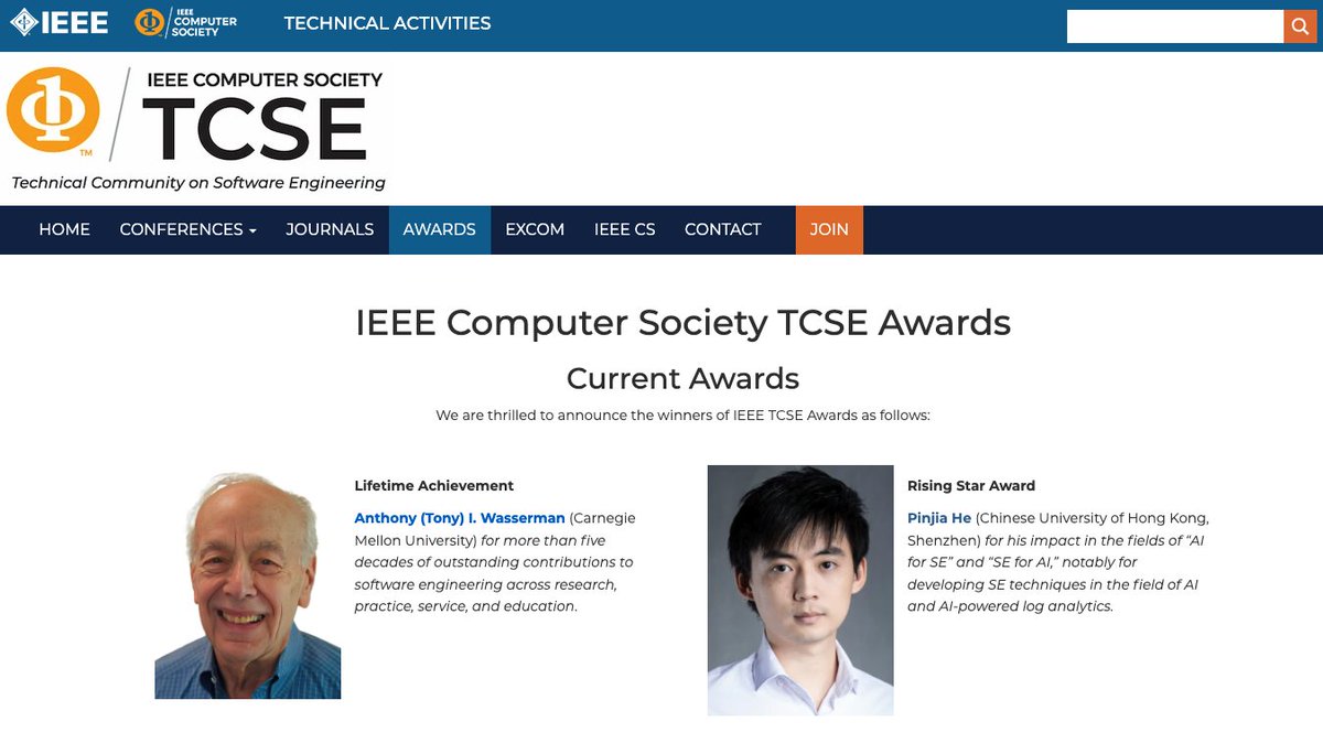 Pinjia He @ ICLR 2025 (@pinjiahe) on Twitter photo Truly humbled and honored to receive the IEEE CS TCSE Rising Star Award. Thanks a lot for the help along the way from my supervisors, referees, students, and co-authors. Will continue to focus on impactful projects about AI4SE and SE4AI. 🎯 
tc.computer.org/tcse/awards/ Truly humbled and honored to receive the IEEE CS TCSE Rising Star Award. Thanks a lot for the help along the way from my supervisors, referees, students, and co-authors. Will continue to focus on impactful projects about AI4SE and SE4AI. 🎯 
tc.computer.org/tcse/awards/