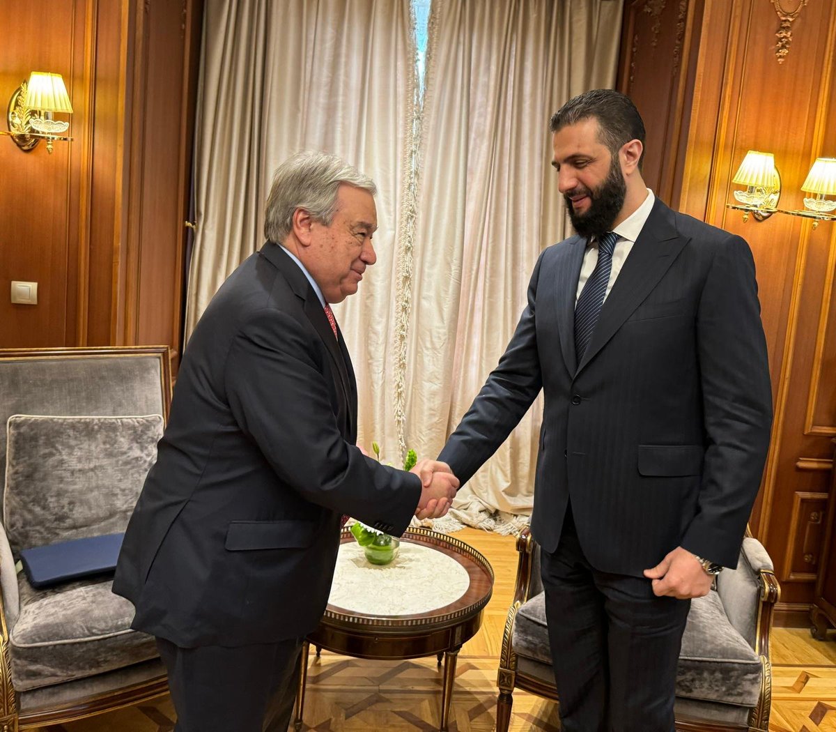 UN Spokesperson (@un_spokesperson) on Twitter photo Secretary-General <a href="/antonioguterres/">António Guterres</a> met with Mr. Ahmad Hussein al-Sharaa of #Syria.
They exchanged views about the historic opportunity to chart a new course for Syria as well as the challenges facing the country. Full readout: un.org/sg/en/content/… Secretary-General <a href="/antonioguterres/">António Guterres</a> met with Mr. Ahmad Hussein al-Sharaa of #Syria.
They exchanged views about the historic opportunity to chart a new course for Syria as well as the challenges facing the country. Full readout: un.org/sg/en/content/…