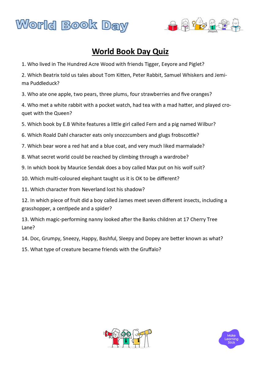 conalholmes1's tweet photo. Anyone looking for some free quizzes and activities for World Book Day? Here are a couple of quizzes, one for each key stage. Answers and more activities available on request! https://t.co/2YtDTZvqMY