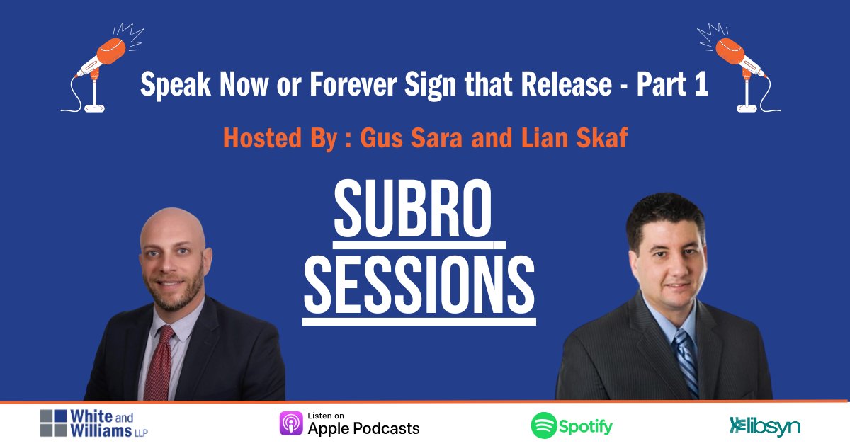 In this episode, Gus Sara and Lian Skaf, discuss the topic of #subrogation settlement releases including guidance for the parties that draft the releases.

Listen here: loom.ly/CIyzIdY

#SubroSessions #WhiteandWilliams #Settlement #Release
