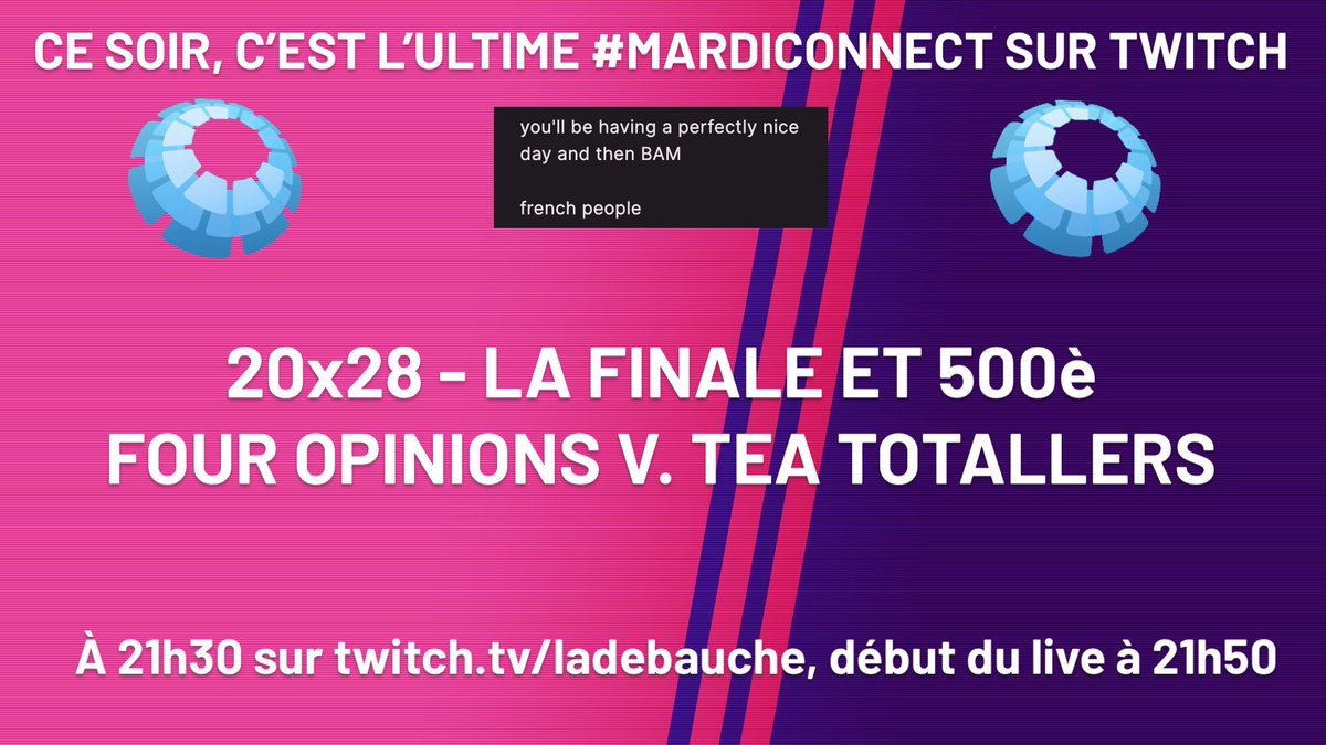 Après cinq ans à streamer le mardi la moitié de l'année, j'arrête aujourd'hui. Rendez-vous ce soir pour un ultime #MardiConnect, avec les meilleures questions de l'année. Soyez là ou soyez carrés : c'est sur Twitch à 21h30.