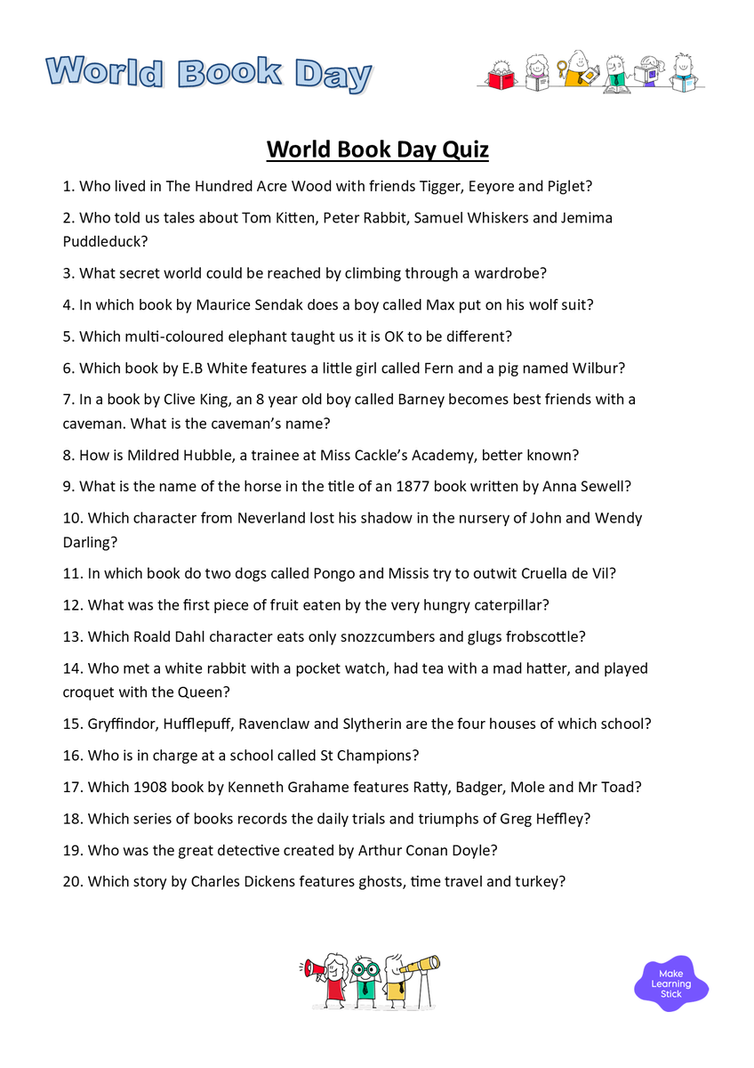 conalholmes1's tweet photo. Anyone looking for some free quizzes and activities for World Book Day? Here are a couple of quizzes, one for each key stage. Answers and more activities available on request! https://t.co/2YtDTZvqMY